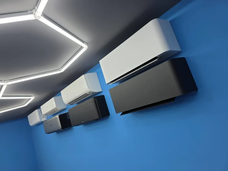 Wall-mounted air conditioners in a blue showroom