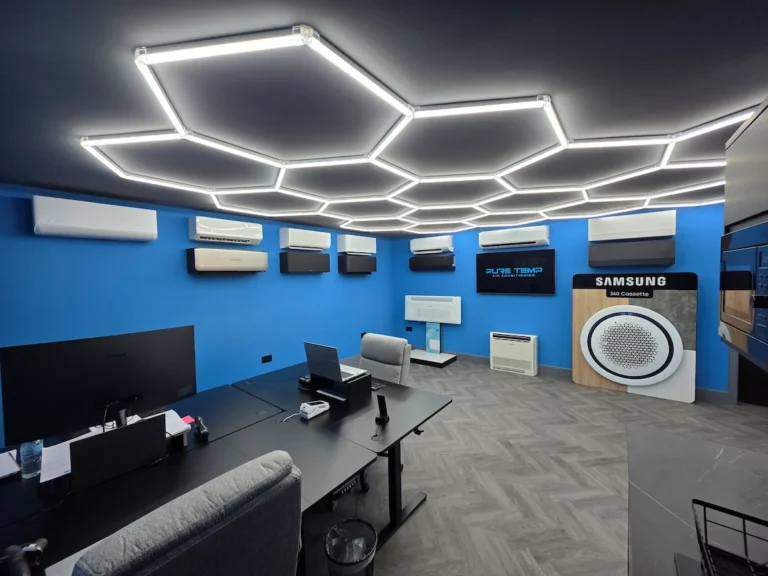 Air conditioning showroom with hexagonal LED ceiling lights