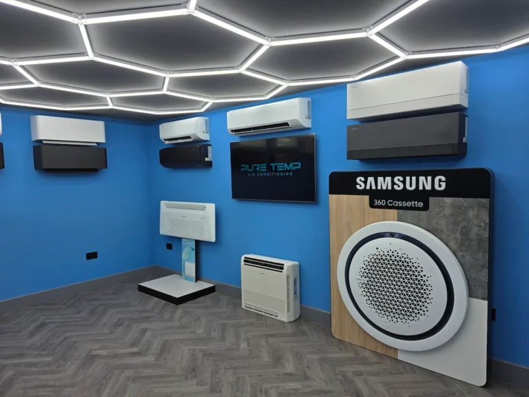 Air conditioning showroom with Samsung units and illuminated ceiling