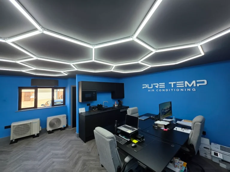 Pure Temp Air Conditioning office with illuminated hexagonal ceiling